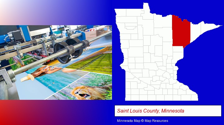 a press run on an offset printer; Saint Louis County, Minnesota highlighted in red on a map