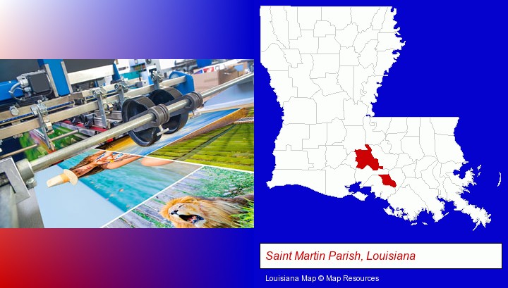 a press run on an offset printer; Saint Martin Parish, Louisiana highlighted in red on a map