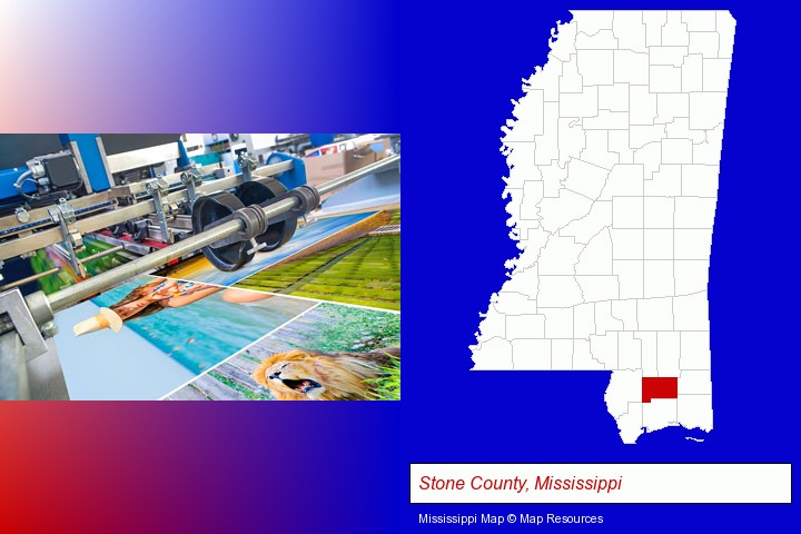 a press run on an offset printer; Stone County, Mississippi highlighted in red on a map
