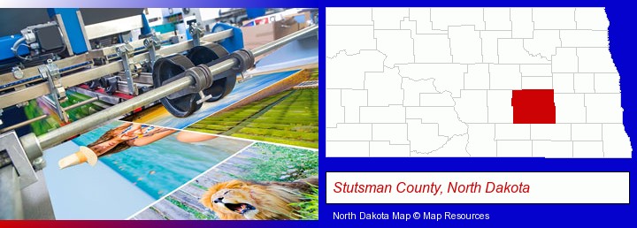 a press run on an offset printer; Stutsman County, North Dakota highlighted in red on a map