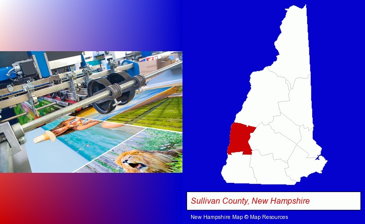 a press run on an offset printer; Sullivan County, New Hampshire highlighted in red on a map
