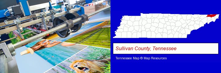 a press run on an offset printer; Sullivan County, Tennessee highlighted in red on a map