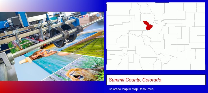 a press run on an offset printer; Summit County, Colorado highlighted in red on a map