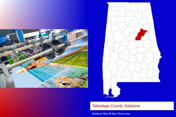 a press run on an offset printer; Talladega County, Alabama highlighted in red on a map