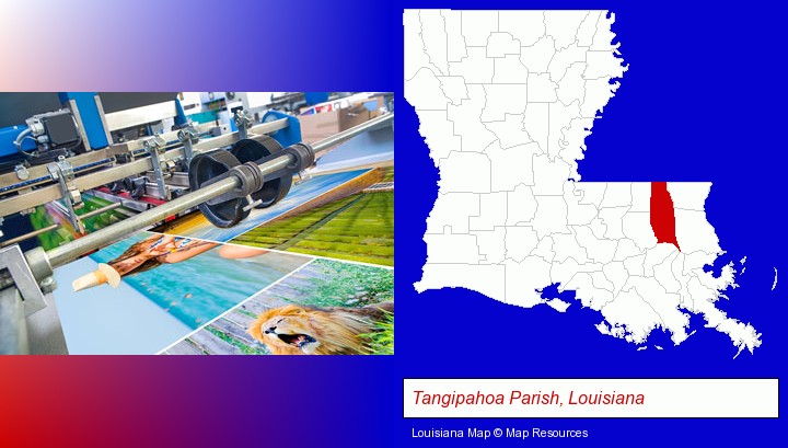 a press run on an offset printer; Tangipahoa Parish, Louisiana highlighted in red on a map