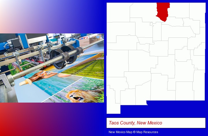 a press run on an offset printer; Taos County, New Mexico highlighted in red on a map