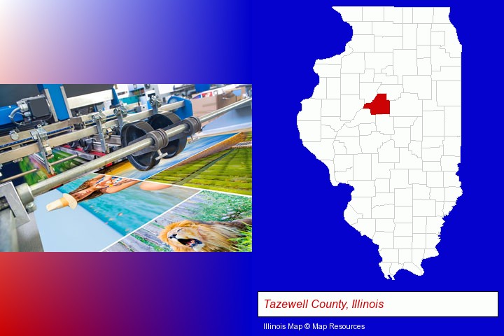 a press run on an offset printer; Tazewell County, Illinois highlighted in red on a map