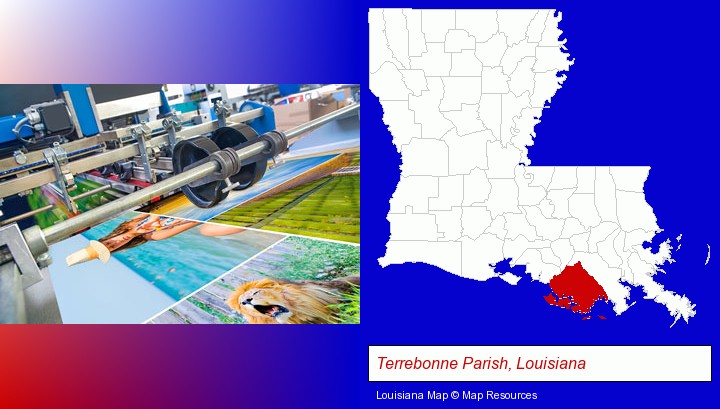 a press run on an offset printer; Terrebonne Parish, Louisiana highlighted in red on a map