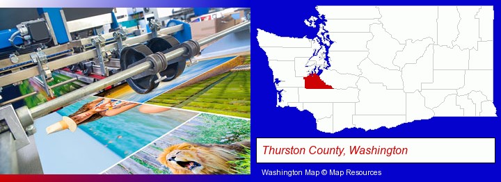 a press run on an offset printer; Thurston County, Washington highlighted in red on a map