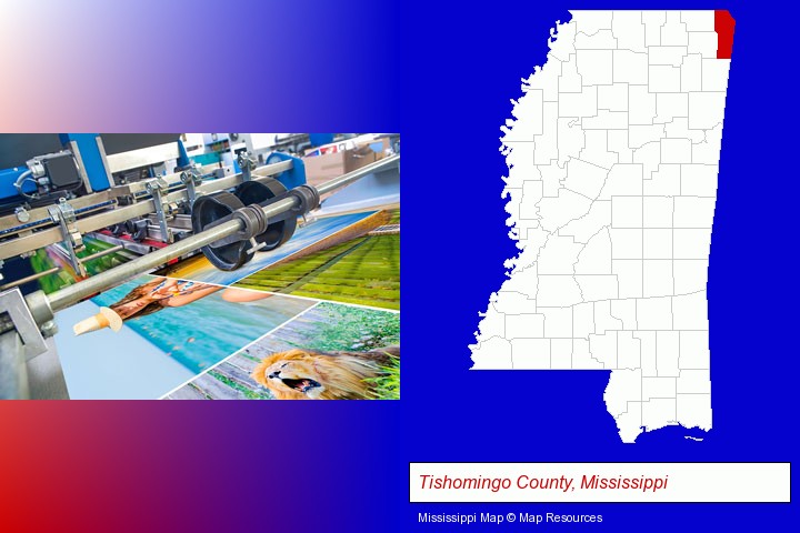 a press run on an offset printer; Tishomingo County, Mississippi highlighted in red on a map