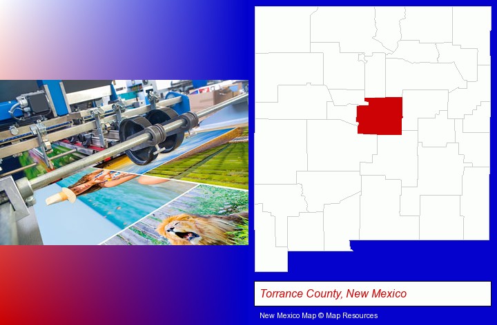 a press run on an offset printer; Torrance County, New Mexico highlighted in red on a map