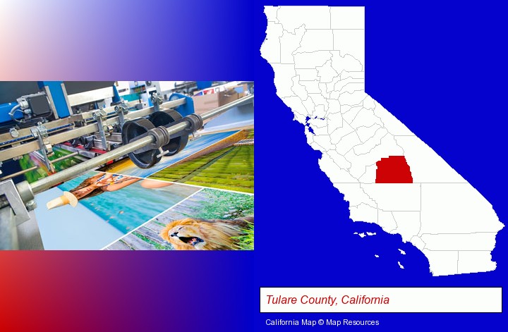 a press run on an offset printer; Tulare County, California highlighted in red on a map