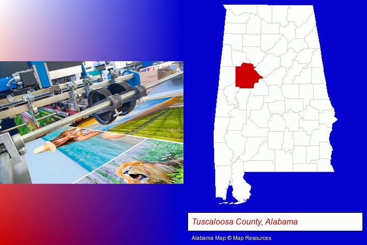 a press run on an offset printer; Tuscaloosa County, Alabama highlighted in red on a map