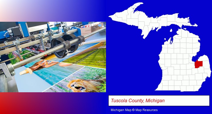 a press run on an offset printer; Tuscola County, Michigan highlighted in red on a map