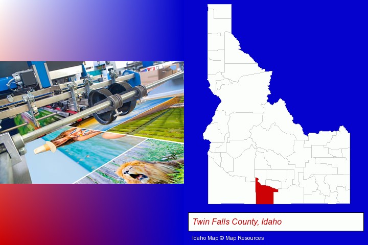 a press run on an offset printer; Twin Falls County, Idaho highlighted in red on a map