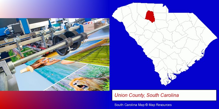 a press run on an offset printer; Union County, South Carolina highlighted in red on a map