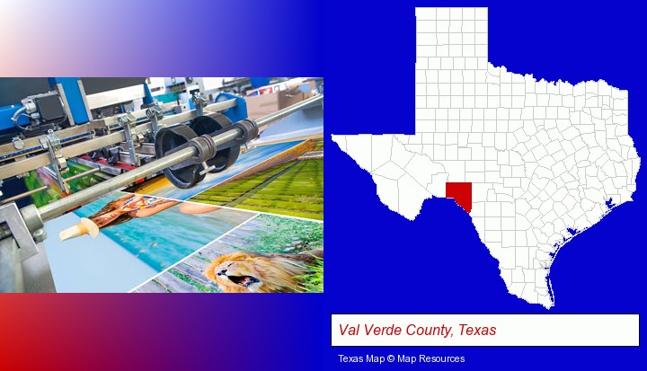 a press run on an offset printer; Val Verde County, Texas highlighted in red on a map