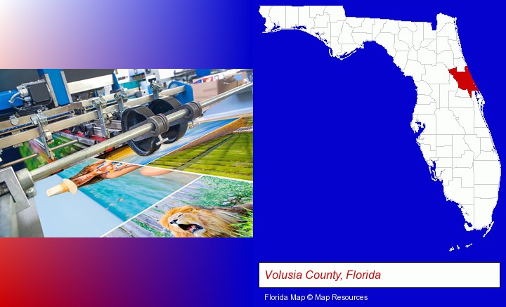 a press run on an offset printer; Volusia County, Florida highlighted in red on a map