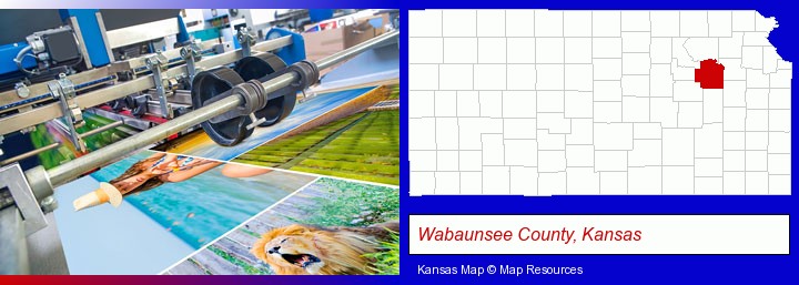a press run on an offset printer; Wabaunsee County, Kansas highlighted in red on a map