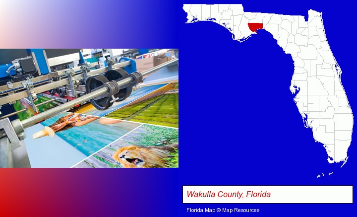 a press run on an offset printer; Wakulla County, Florida highlighted in red on a map