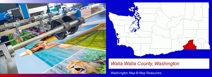a press run on an offset printer; Walla Walla County, Washington highlighted in red on a map