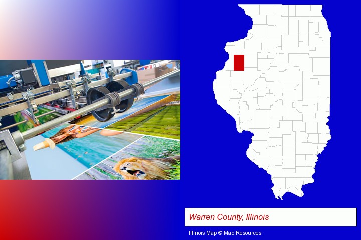 a press run on an offset printer; Warren County, Illinois highlighted in red on a map