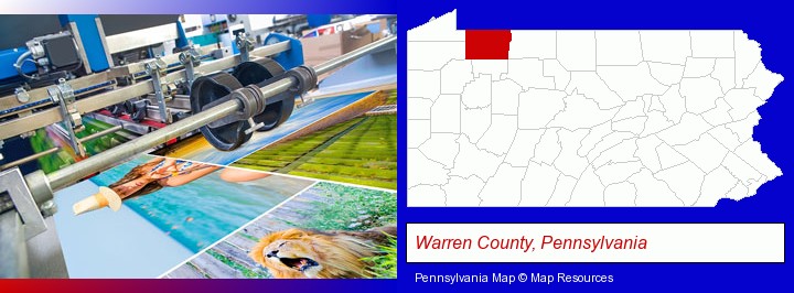 a press run on an offset printer; Warren County, Pennsylvania highlighted in red on a map