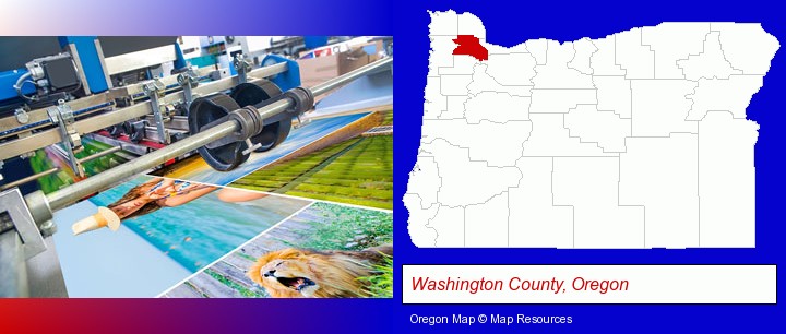 a press run on an offset printer; Washington County, Oregon highlighted in red on a map