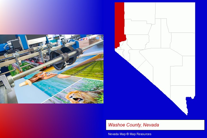 a press run on an offset printer; Washoe County, Nevada highlighted in red on a map