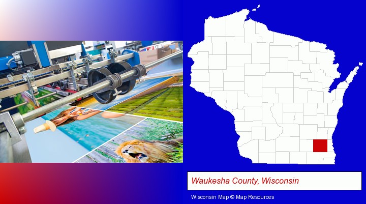 a press run on an offset printer; Waukesha County, Wisconsin highlighted in red on a map