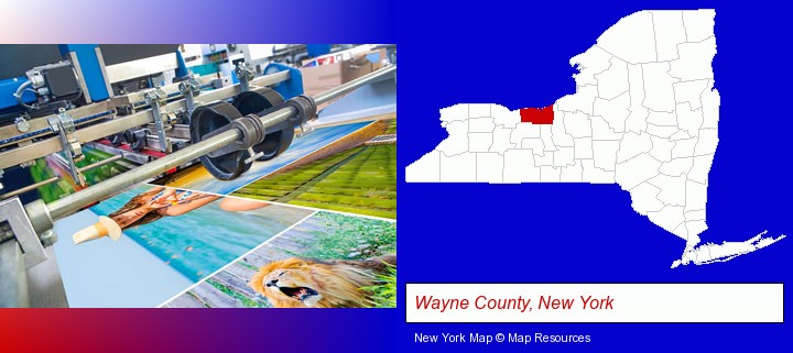a press run on an offset printer; Wayne County, New York highlighted in red on a map