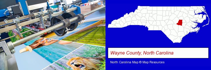 a press run on an offset printer; Wayne County, North Carolina highlighted in red on a map