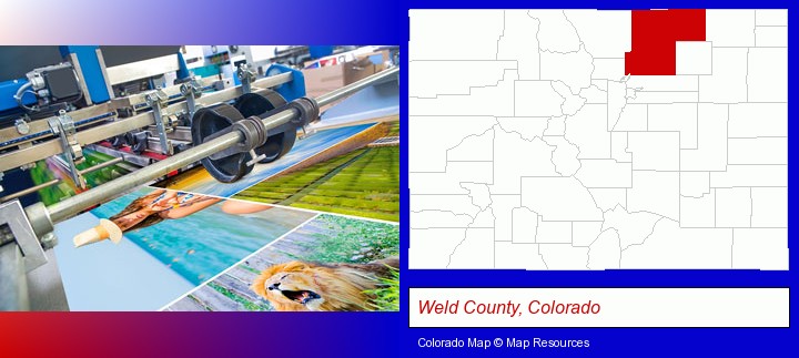 a press run on an offset printer; Weld County, Colorado highlighted in red on a map