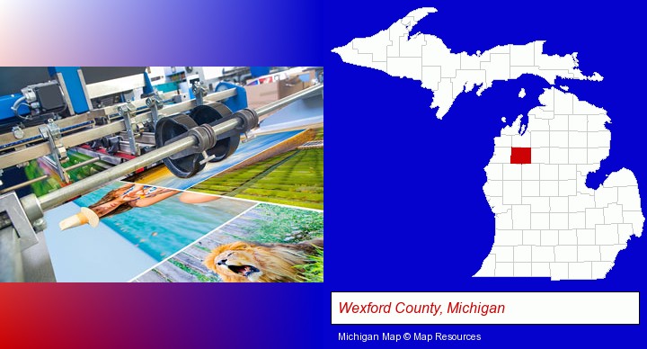 a press run on an offset printer; Wexford County, Michigan highlighted in red on a map