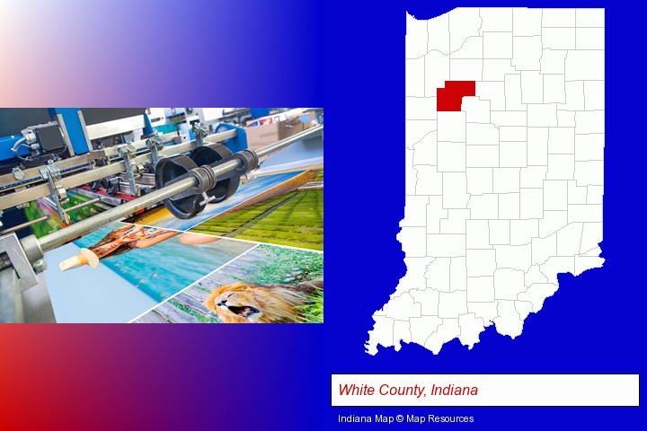 a press run on an offset printer; White County, Indiana highlighted in red on a map