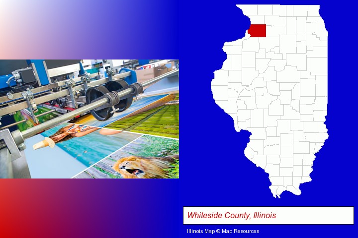 a press run on an offset printer; Whiteside County, Illinois highlighted in red on a map