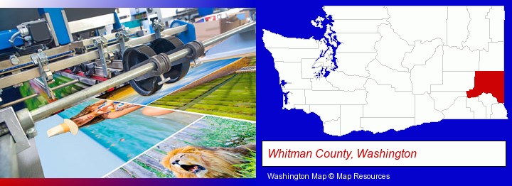 a press run on an offset printer; Whitman County, Washington highlighted in red on a map