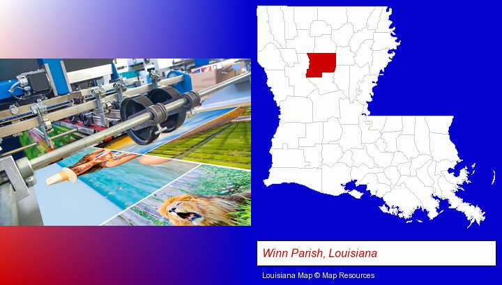 a press run on an offset printer; Winn Parish, Louisiana highlighted in red on a map