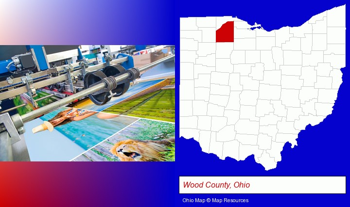 a press run on an offset printer; Wood County, Ohio highlighted in red on a map