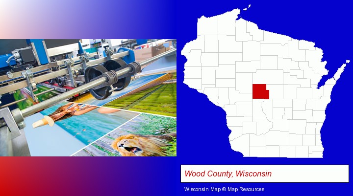 a press run on an offset printer; Wood County, Wisconsin highlighted in red on a map