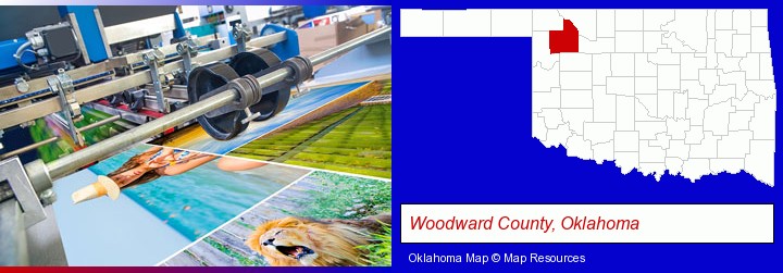 a press run on an offset printer; Woodward County, Oklahoma highlighted in red on a map