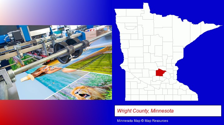 a press run on an offset printer; Wright County, Minnesota highlighted in red on a map