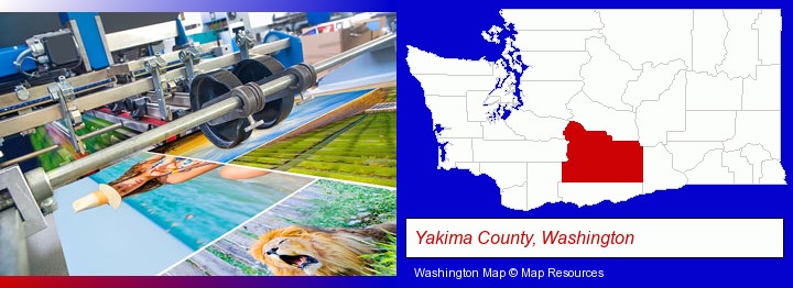 a press run on an offset printer; Yakima County, Washington highlighted in red on a map