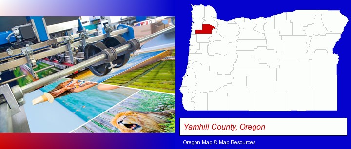 a press run on an offset printer; Yamhill County, Oregon highlighted in red on a map
