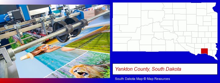 a press run on an offset printer; Yankton County, South Dakota highlighted in red on a map