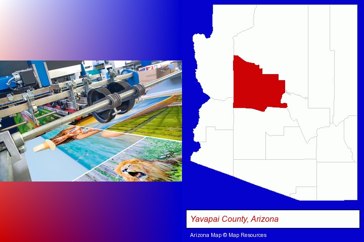 a press run on an offset printer; Yavapai County, Arizona highlighted in red on a map