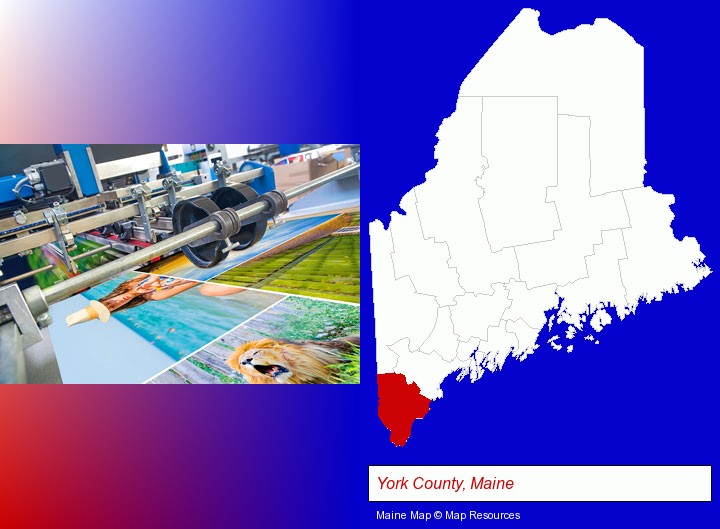 a press run on an offset printer; York County, Maine highlighted in red on a map