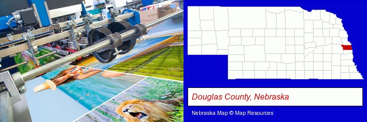 a press run on an offset printer; Douglas County, Nebraska highlighted in red on a map