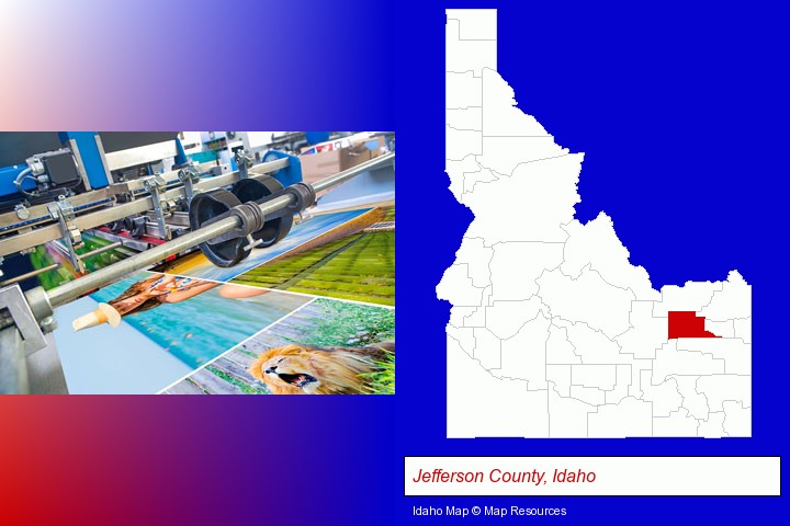 a press run on an offset printer; Jefferson County, Idaho highlighted in red on a map