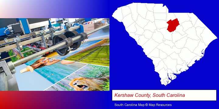 a press run on an offset printer; Kershaw County, South Carolina highlighted in red on a map